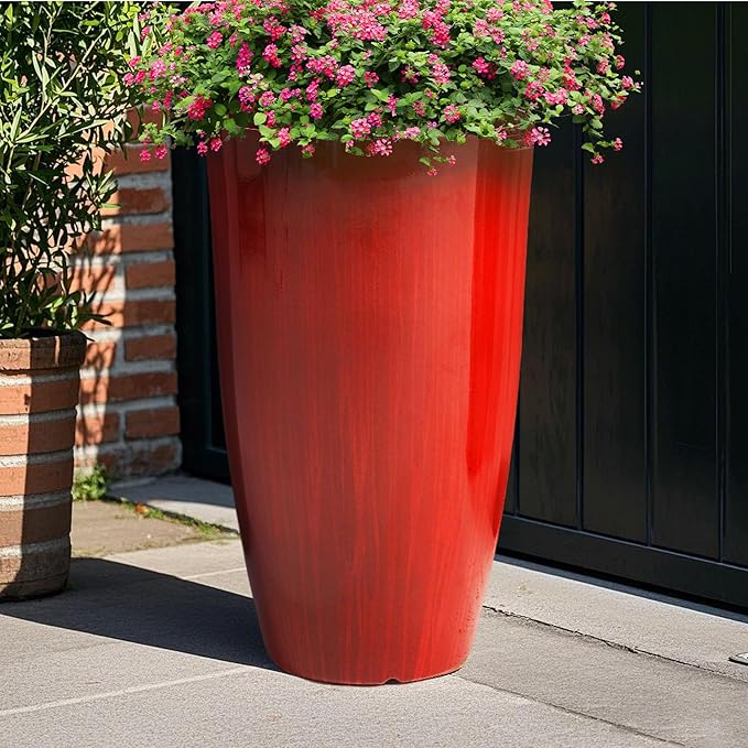 Worth Garden 23.5" H. Large Plastic Planters - Set of 2 Gradient Red Glossy Smooth Finish - Tall Plant Pots for Indoor & Outdoor Use - Decorative Lightweight Flower Pots for Front Porch, Patio, Deck WORTH