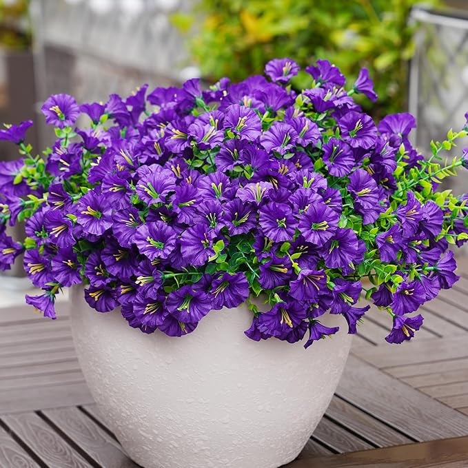 Artificial Flowers for Outdoors, UV Resistant Fake Silk Morning Glory, Realistic Faux Plants for Outside Porch Patio Window Box Hanging Planter (16, Purple) maxkes