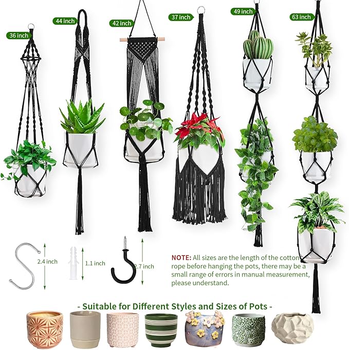Macrame Plant Hangers, 6Pack Hanging Plant Holders Indoor w/ 6 Set Hooks Handmade Cotton Rope Plant Hangers Set Flower Pots Holder Stand Boho Home Decor Hanging Planters for Indoor Outdoor Plants TAOZIM