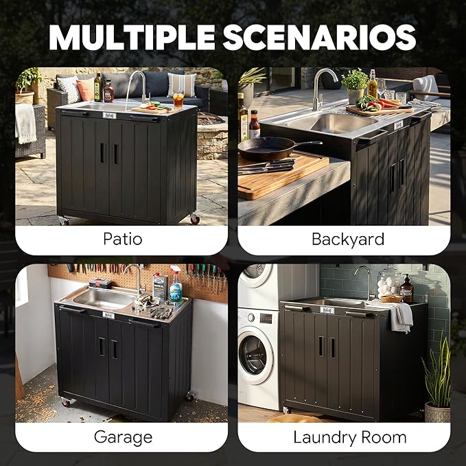 Outdoor Kitchen Island with Stainless Steel Sink and Storage Cabinet, 35-Inch BBQ Prep Station with Faucet & Lockable Wheels for Patio, Backyard, and Outdoor Cooking, Black & Silver Idealforcook