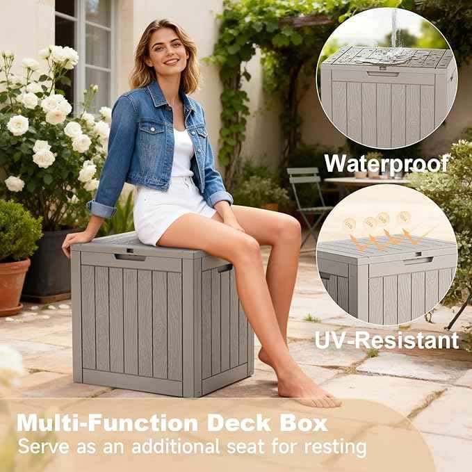 30 Gallon Outdoor Deck Box, Lockable Waterproof Outdoor Storage Boxes For Garden Tools,Indoor Cushions,Accessories Outside Storage Resin Weatherproof Container(Grey)