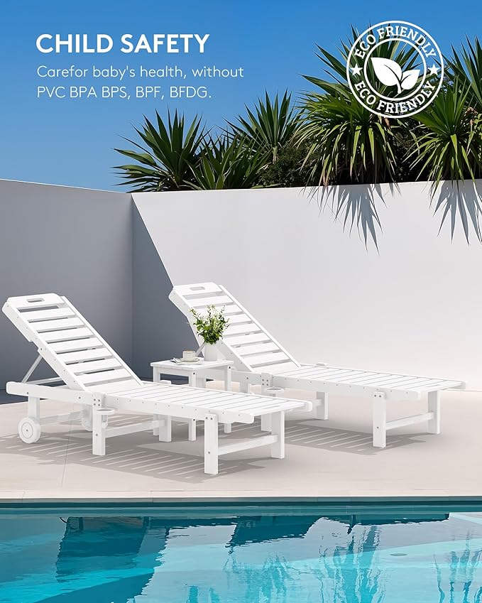 SERWALL Outdoor Chaise Lounge Set of 8, HDPE Pool Lounge Chairs with 5-Position Adjustable Backrest, Patio Loungers with Rolling Wheels & Cup Holder for Pool Sunbathing, White SERWALL