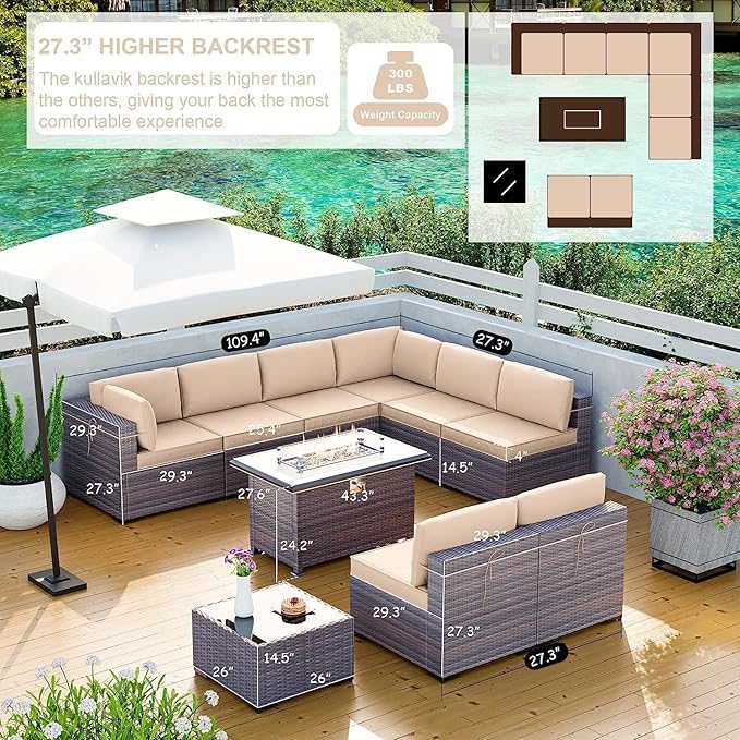 Kullavik 10 Pieces Outdoor Patio Furniture Set with 43" 55000BTU Gas Propane Fire Pit Table PE Wicker Rattan Sectional Sofa Patio Conversation Sets,Khaki KULLAVIK