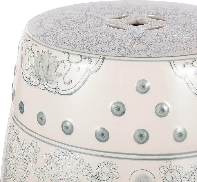 JONATHAN Y TBL1013C Double Happiness 18" Chinoiserie Ceramic Drum Indoor/Outdoor Garden Stool Bohemian, Coastal, Classic, Cottage, Traditional, Patio, Garden, Bathroom, Living Room, Gray Blue/White JONATHANY