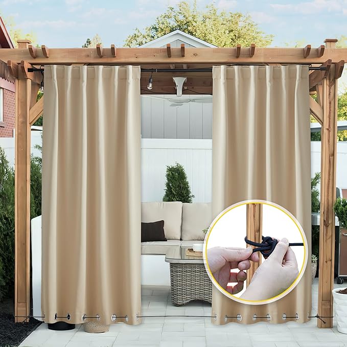 NICETOWN 2 Panels Outdoor Curtains for Patio Waterproof & Windproof, Grommet & Back Tab on Top & Bottom Weighted Drapes Keep Sun/Rain Out with Bouns Rope for Deck, Biscotti Beige, W52 x L108 NICETOWN