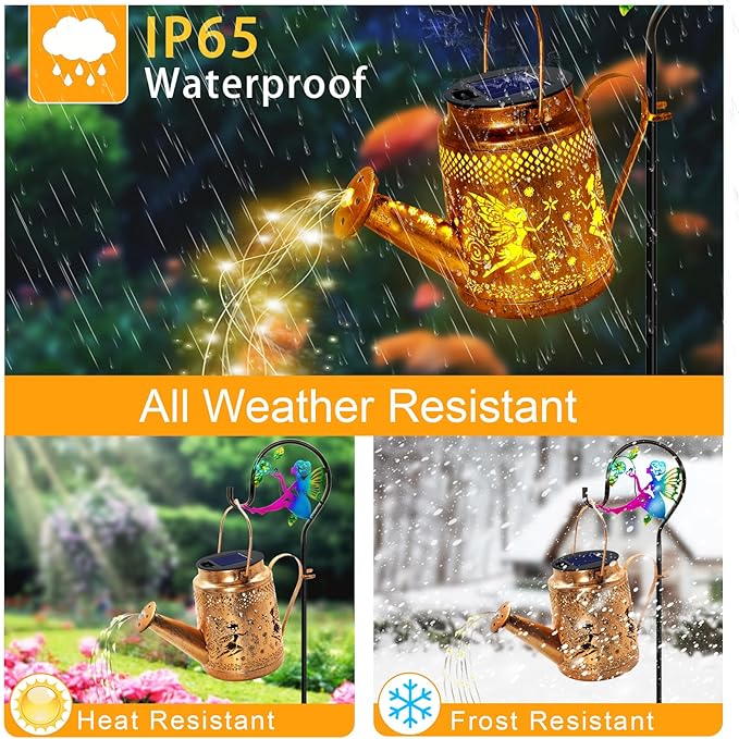 Solar Lanterns Outdoor Waterproof,Metal Watering Can Garden Decor,Fairy Hanging Solar Path Lights Yard Art,Outside Patio Decorations Gardening Christmas Gifts for Mom Grandma Women(with Shepherd Hook) YJFWAL