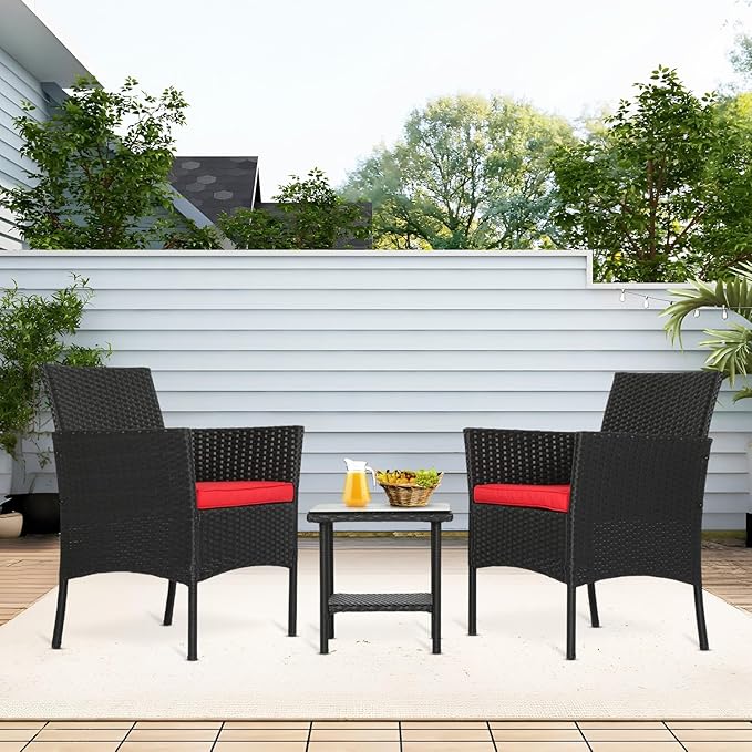 FDW | 3-Piece Patio Furniture Set | Black & Red | Outdoor Wicker Furniture with Coffee Table | Modern Rattan Chairs Conversation Set | Outdoor Seating | Weather-Resistant | for Porch, Garden, Lawn FDW