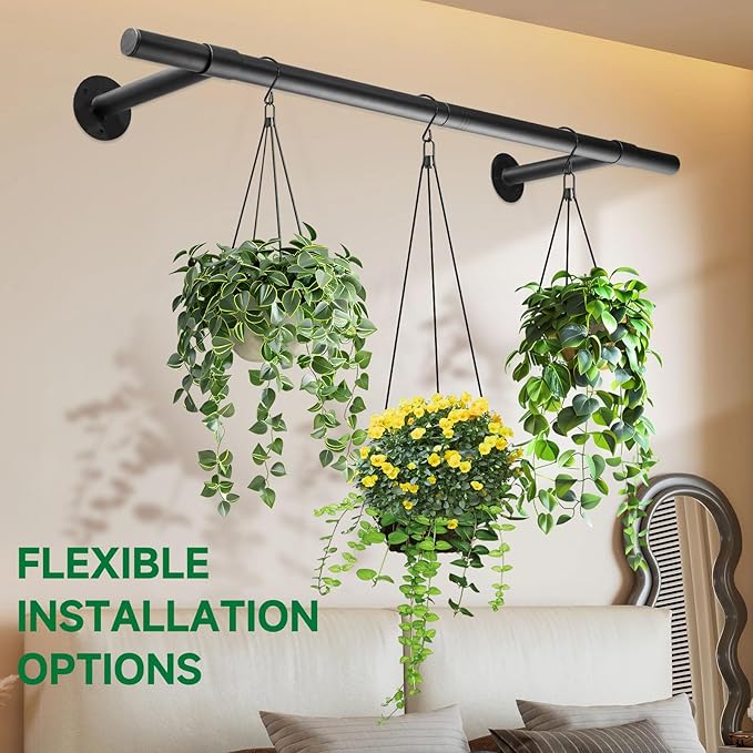 Hanging Planters Rod – Plant Hanger Indoor for Window Ceiling, Hanging Plant Shelf for Wall Planter House Plants, Plant Shelves Metal Holder Bar 47.5In (Pots, plants, chains not included) Rootora