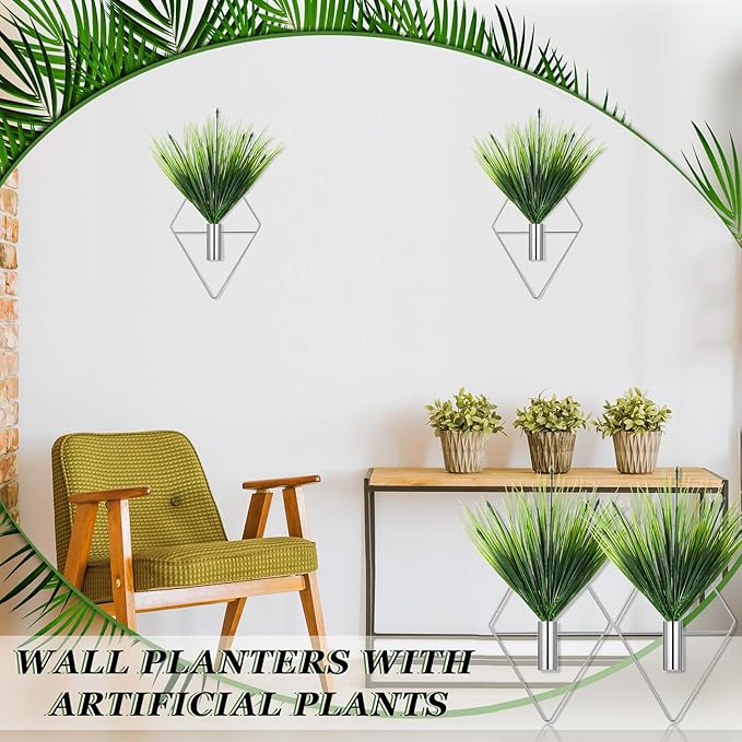 2 Pieces Wall Decor Hanging Planters with Artificial Plants Metal Hanging Vase Indoor Plants Holder Modern Boho Wall Art for Bathroom Bedroom Living Room Decor(Silver,Aquatic Plant) Canlierr
