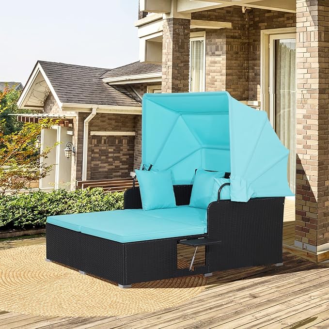 ORALNER Outdoor Daybed, 2-Person Wicker Patio Sofa with Retractable Canopy, Cushions & Pillows, 2 Side Trays, PE Rattan Double Sunbed Lounger for Deck Poolside Backyard Garden Balcony (Turquoise) ORALNER