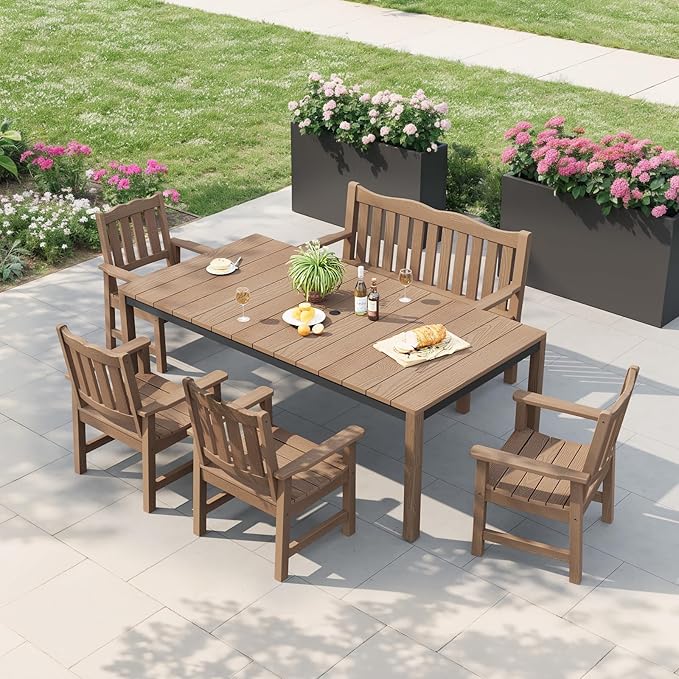 Stoog Outdoor Benches Set of 2, 2-Person Poly Lumber Garden Bench with Real Wood Look, Never Fade & Rust-Proof, All-Weather for Patio, Porch, Deck, and Backyard, Teak Stoog