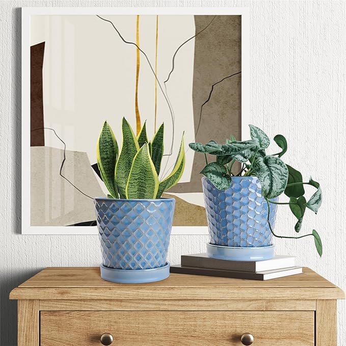 EFISPSS Plant Pots,5 Inch Pots for Indoor Plants,Planters with Drainage Hole and Saucer, Ceramic Flower Pots Desktop Office Windowsill Decoration Gift Set of 4 - Sky Blue EFISPSS