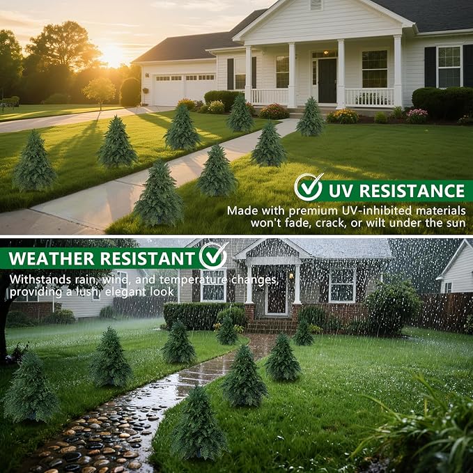Artificial Cypress Topiary Cedar Trees with Ground Spike, 2 Pieces Fake Pine Shrubs Bushes, UV Resistant Faux Evergreen Tree Plants for Indoor Outdoor Planters Front Porch FEELTHENEWWORLD