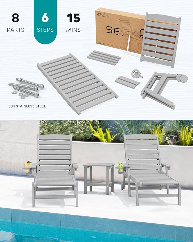 SERWALL Patio Chaise Lounge Chair, 78'' Long HDPE 5 Positions Adjustable Outdoor Lounger, Poly Lounge Chair with Rolling Wheels & Cup Holder for Pool, Space Gray SERWALL