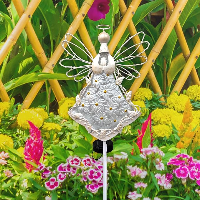 38Inch Angel Solar Lights Outdoor Decorative-Metal&Glass Angel Hydrangea Flower Garden Stake Lawn Light- Waterproof 30 Warm White LED for Remembrance Gifts & Grave Decorations (White) COOZZYHOUR