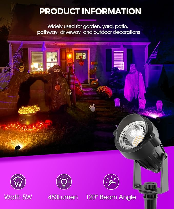 L LOHAS LED Tree Spotlight Outdoor, Purple Halloween Spot Lights for Yard, Auto On/Off 5W 120V Landscape Lighting for House, Holiday, Garden, Decoration, 450LM IP66 Waterproof, UL Listed, 2 Pack LLOHASLED