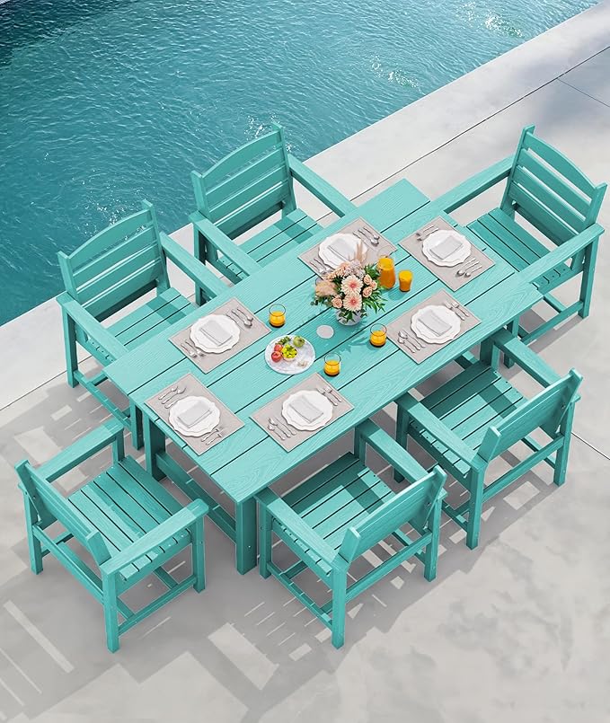 SERWALL Outdoor Dining Set for 6, HDPE Dining Furniture Set with Umbrella Hole Cut-Out Table and 1 Dining Bench and 4 Chairs, All Weather Outdoor Dining Bench Sets, Aruba SERWALL