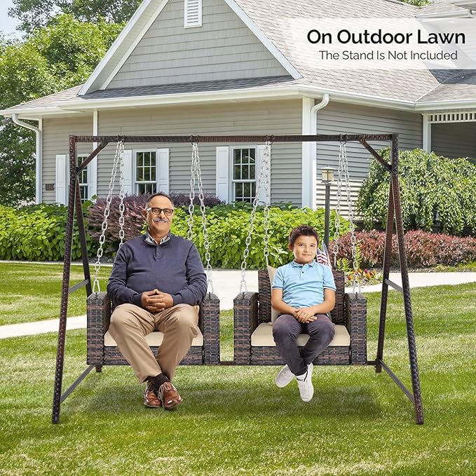 Outvita Porch Swing, 2FT Hanging Outdoor Porch Swings for Adults, Square Wicker 1 Person Patio Swing, with Cushion, Pillow and Chain for Garden, Backyard, Weight Capacity - 440lbs Brown & Khaki Outvita