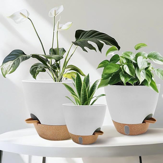 12/10/9/8 inch Self Watering Pots with Visual Water Window, Extra Large Self Watering Plant Pot with Drainage Holes and Saucers, White Flower Pots for Indoor Plants SORANGEUN