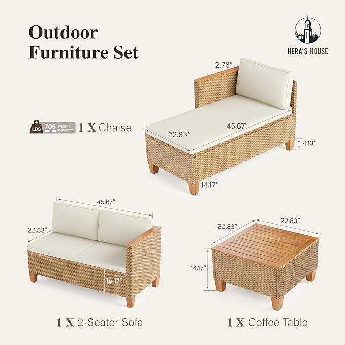 HERA'S HOUSE Small Patio Furniture Set, 3 Pieces Wicker Outdoor Sectional Sets,Yellow Rattan Conversation Set with Sofa and Coffee Table for Garden and Backyard, l Shape Boho Balcony Couch Sets HERASHOUSE