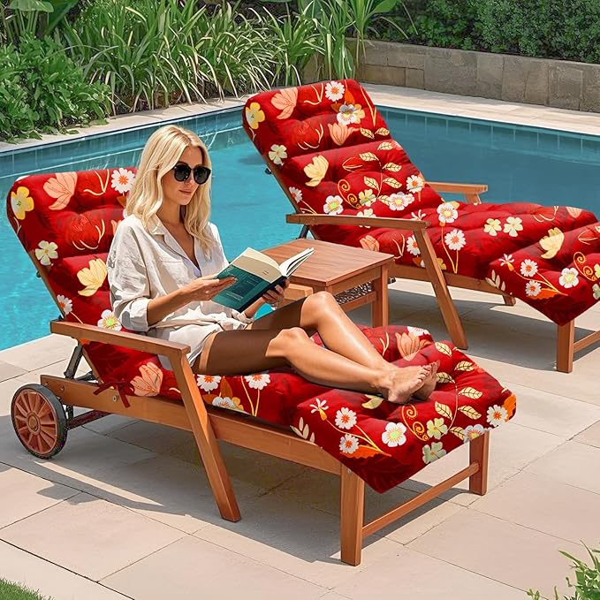 Outdoor Chaise Lounge Chair Cushion 75.1 x 22.8 x 4.7 Inches 100% Waterproof Replacement Cotton Patio Pool Lounge Chair Cushion for Outdoor Furniture with Ties, Red Peony Uthem