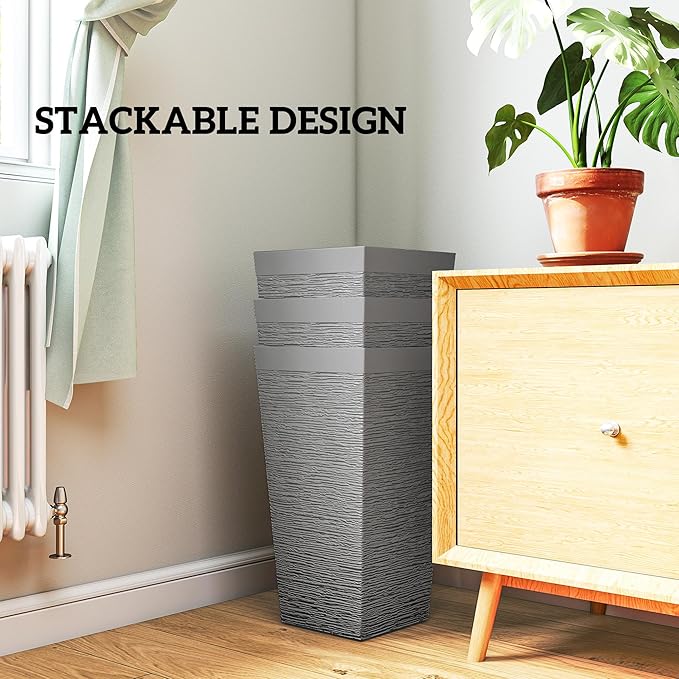 Outsunny 22.8 Inch Tall Planters for Outdoor Plants, Set of 3 Plastic Flower Pots with Stone Finish and Wheels, Stackable Tapered Planters with Drainage Hole for Indoor Plants, Front Porch, Gray Outsunny