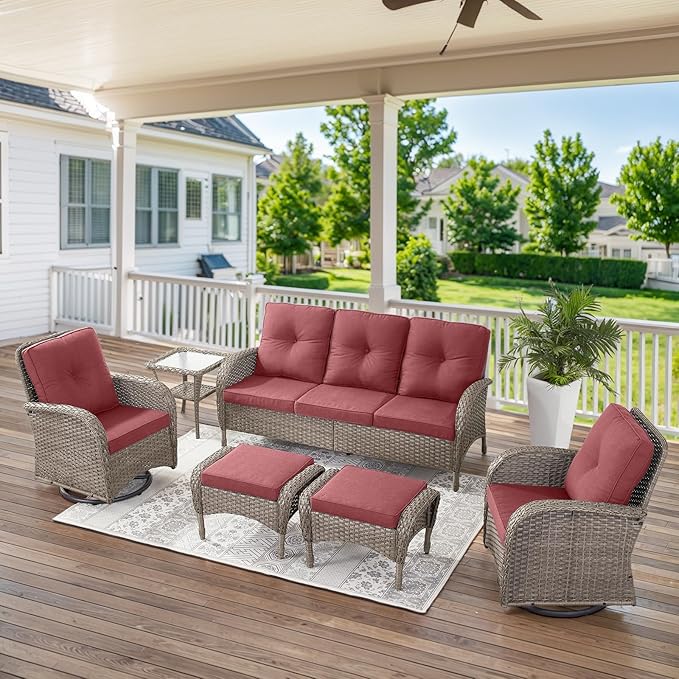Belord Outdoor Ottomans for Patio Foot Rest - 25 Inch PE Wicker Foot Stool Set of 2 with Removable Cushions for Patio Furniture Sets,All Weather Rattan Ottoman for Balcony Deck Backyard Brown Belord