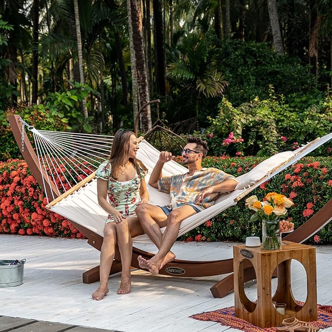 Lazy Daze Hammocks 12 FT Double Quilted Fabric Hammock with Spreader Bar and Detachable Pillow, 2 Person Hammock for Outdoor Patio Backyard Poolside, 450lbs Weight Capacity, Natural LazyDazeHammocks
