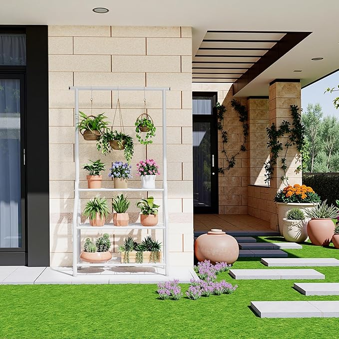 Plant Stand Indoor Outdoor, 3-Tier Heavy Duty Metal Hanging Plant Shelf, 61'' Tall Large Plant Holder Rack for Multiple Big Pots, Flower Stand for Living Room, Garden, Balcony, White Lincordor