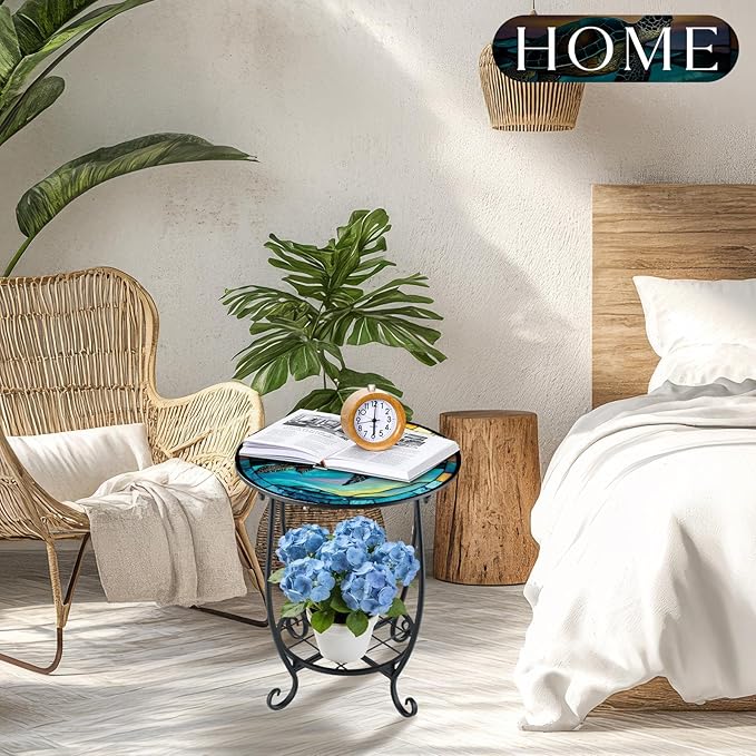 Outdoor Side Table Round Small Mosaic Patio Accent Indoor End Plant Coffee Tea Table for Yard Patio Porch Garden Living Room, Bedroom(Turtle Style,12 Inch) Cinnvoice