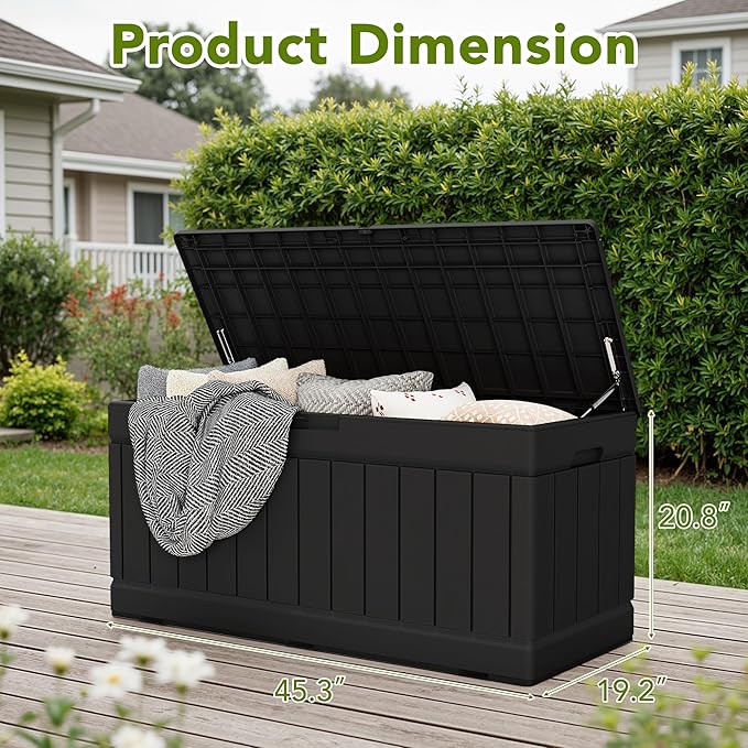 Devoko 78 Gallon Deck Box, Waterproof Resin Outdoor Storage Box for Outside and Patio, Outdoor Storage Bench Lockable for Patio Furniture, Garden Tools and Pool Supplies (Black, 78 Gallon) DEVOKO