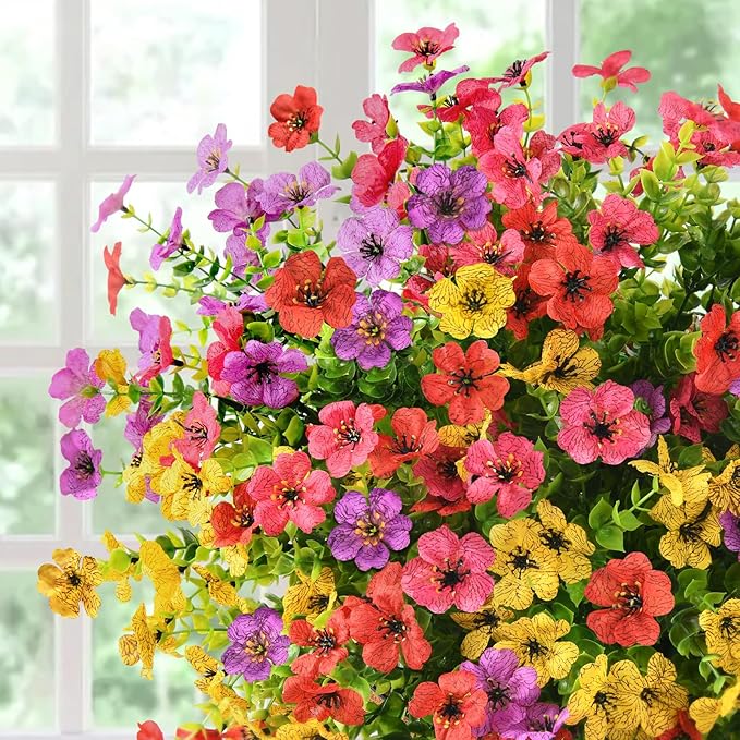 Artificial Flowers Faux Plants Outdoor Fake Flowers Spring Decor,12 Bundles Outdoor Flower Plastic Plant Colorful Daisy UV Resistant for Porch Patio Yard Garden Pot Planters ZFProcessArtificialFlowers