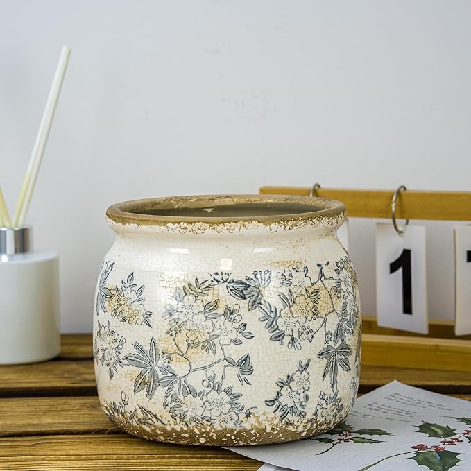 Vintage Ceramic Ice Crack Flower Pot with Drainage Holes, Country Rustic Planters for Indoor and Outdoor,Tuscan Decor,Home,Living Room, Garden Decor, Gardening Gift (Farmhouse) Dosayes