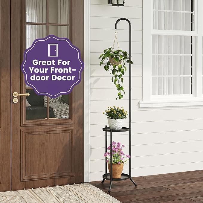 2-Tier Metal Plant Stand with Hanging Hook, Indoor Outdoor Plant Shelf,Heavy Duty Plant holder Rustproof Iron Multiple Plant Round Supports Rack for Planter Corner Garden Balcony Patio (Black) Rootora