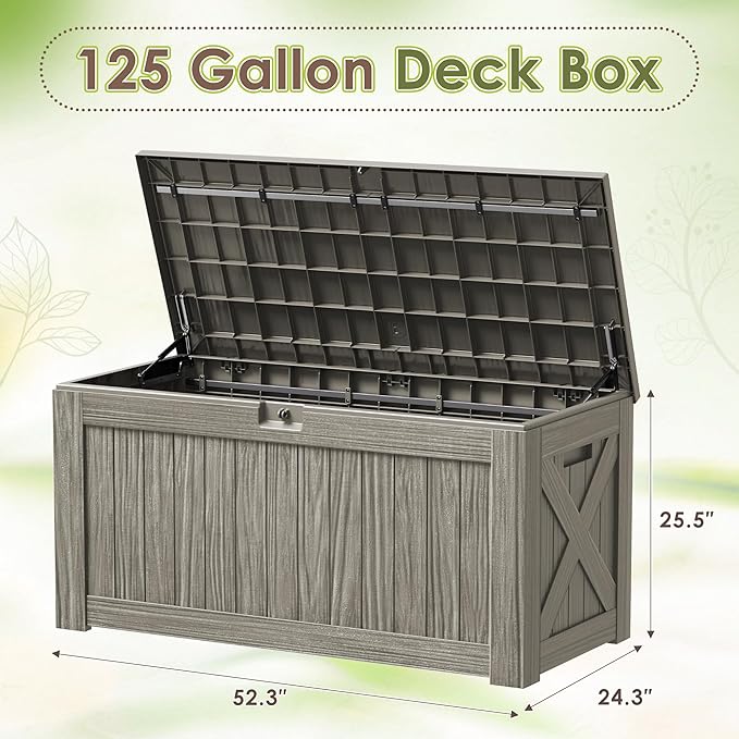 Devoko 125 Gallon Outdoor Storage Box, Waterproof Resin Deck Box for Patio Furniture, Lockable Container for Garden Cushions & Pool Supplies (Light Brown, 125 Gallon) DEVOKO