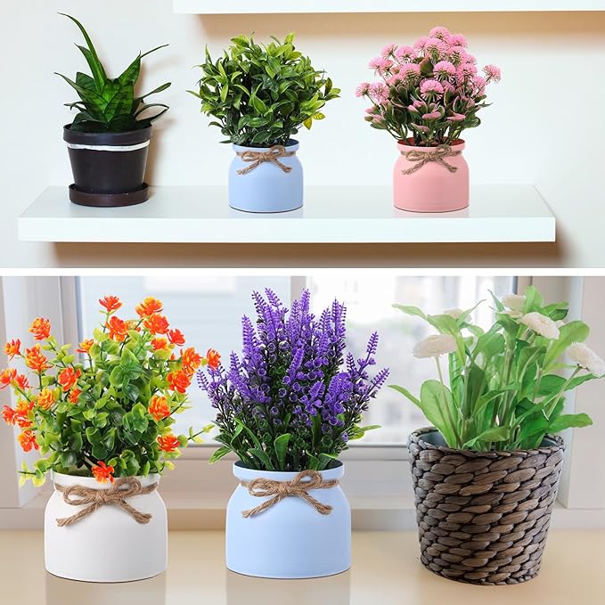 Cindeer 12 Pcs Large Artificial Potted Flowers Fake Potted Plants Plastic Faux Flowers for Home Decor Indoor Artificial Plants in Pots for Wedding Home Desk Tabletop Outdoor Office Kitchen (Vintage) Cindeer