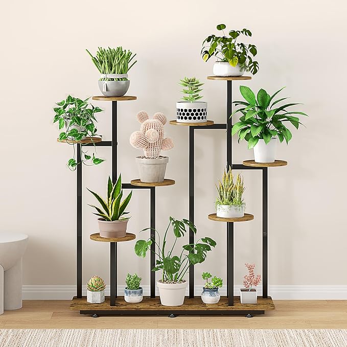 Plant Stand Indoor 9 Tier 11 Potted Multiple Flower Pot Holder for Patio Garden Balcony Living Room Corner (9 Tier Black+Rustic Brown) INGIORDAR