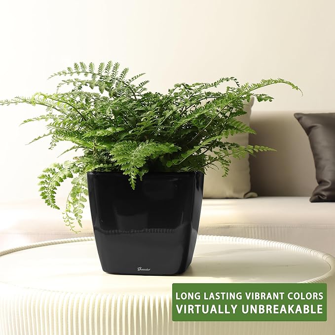Dexceder 9x8 Self Watering Planter Indoor Outdoor, Inner Mat Design, Thickened Table Flower Plant Pot with Water Level Indicator (Black High Gloss) Dexceder