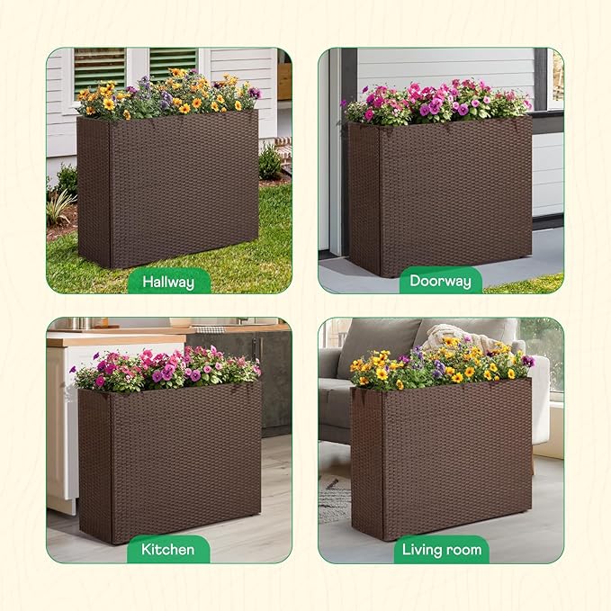 IDZO All Weather Wicker Planter Raised Garden Bed, 24 in Tall Round Rattan Flower Pots, Durable Self-Watering Indoor Outdoor Wicker Planters for Porch Patio Balcony Idzo