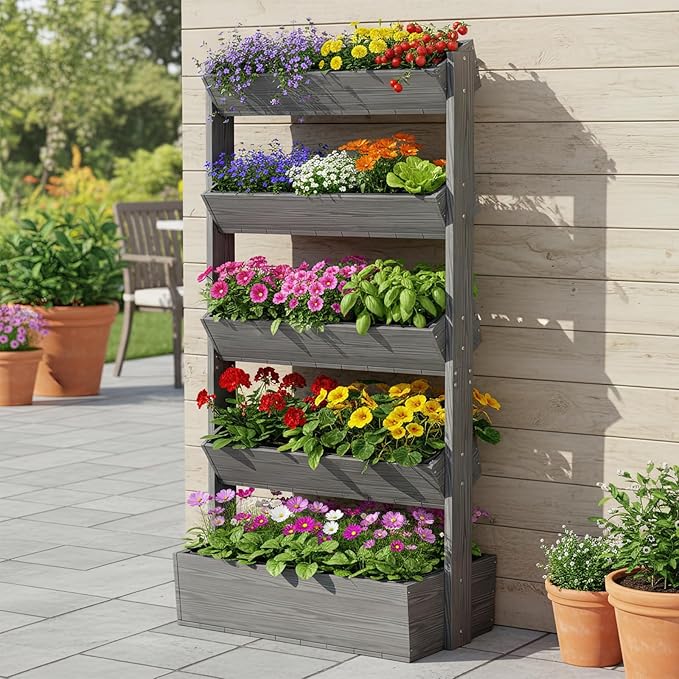 DoCred Vertical Wooden Raised Garden Bed, 5 Tier Upgraded Garden Planters Freestanding Wood Plant Stand Flower Rack Wooden Planter Box for Plants Herbs Flowers Vegetables Outdoor Indoor DoCred
