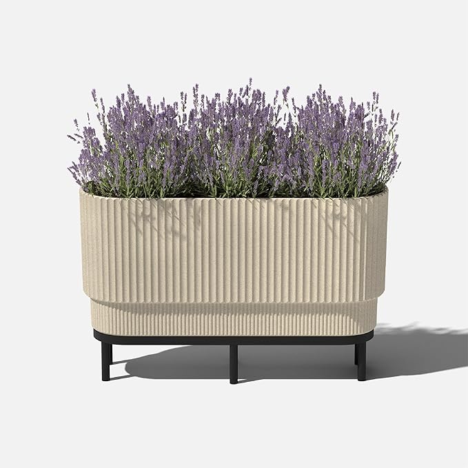 Veradek Demi Series Raised Long Planter for Indoor/Outdoor Use | Made from Plastic & Stone w/Wooden Stand | Modern Patio Décor for Flowers/Shrubs VeradekOutdoor