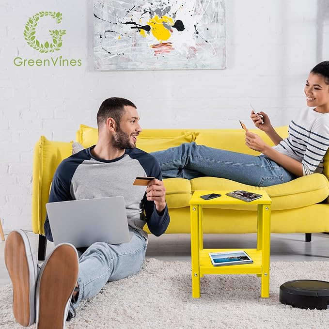 GREENVINES Outdoor Rocking Chair Set | 3-Piece | 2 Rocking Chairs with 1 Side Table | Porch Rocker | HDPE Plastic | Yellow | Patio Furniture Sets | High Back | Big & Tall | Ladder Back GreenVines