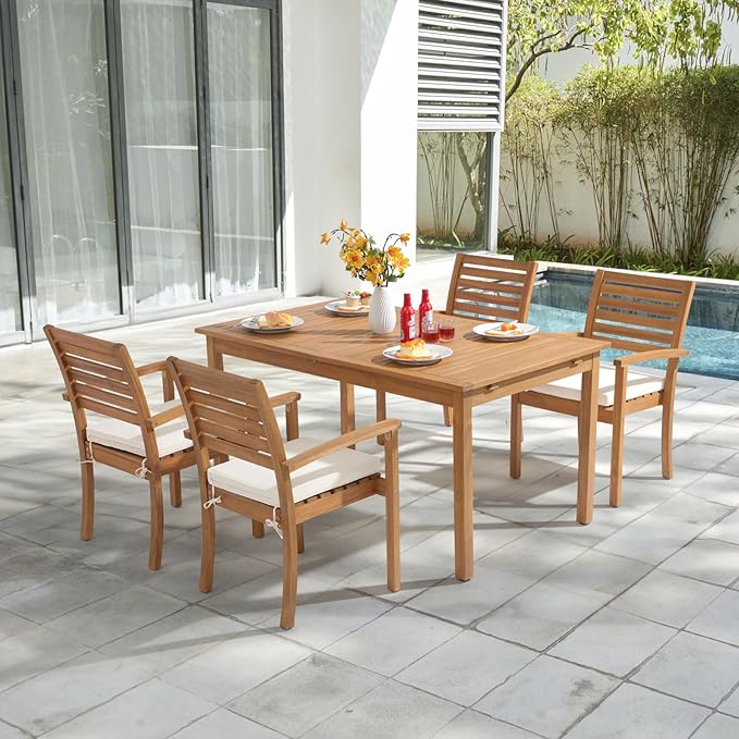 OC Orange-Casual Stackable Patio Dining Chairs Set of 2, Outdoor Acacia Wooden Chairs w/Armrest & Removeable Fabric Cushion, for Porch, Backyard, Garden, Indoor, Beige OCOrange-Casual