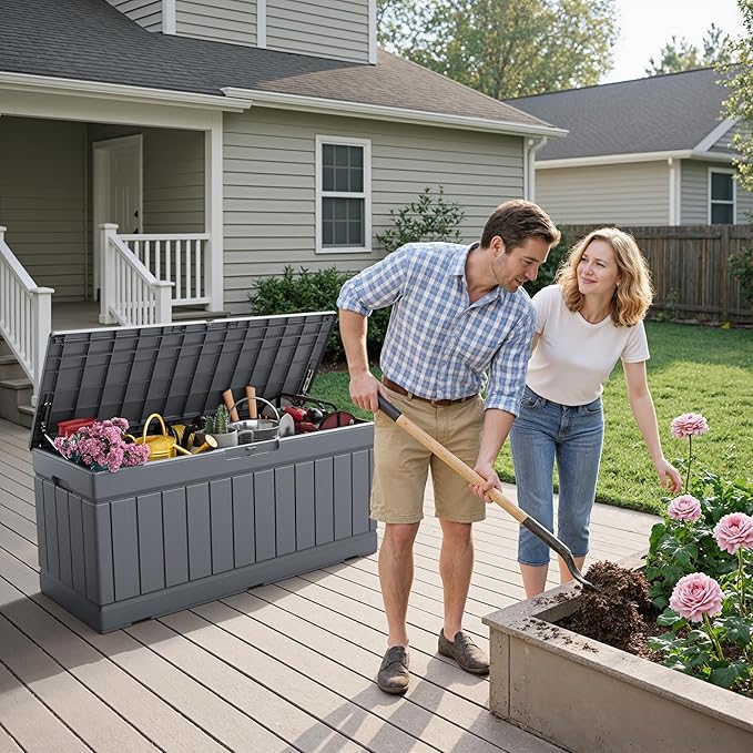 Flamaker Outdoor Storage Box 80 Gallon Resin Waterproof Deck Box Delivery Box with Wood Texture Large Storage Bin for Patio Cushions, (Grey) Flamaker