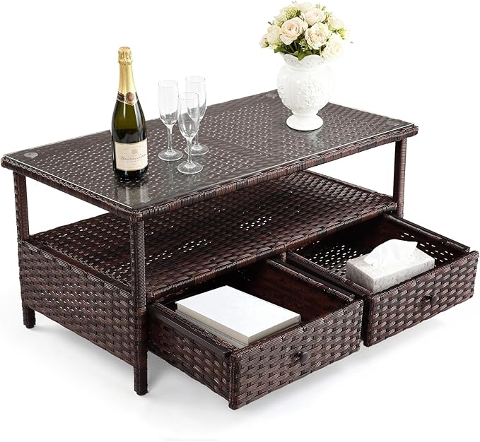 VINGLI Outdoor Wicker Coffee Table with 2 Drawers & Tempered Glass Top, Patio Coffee Table Outdoor Table for Balcony, Porch, Deck VINGLI