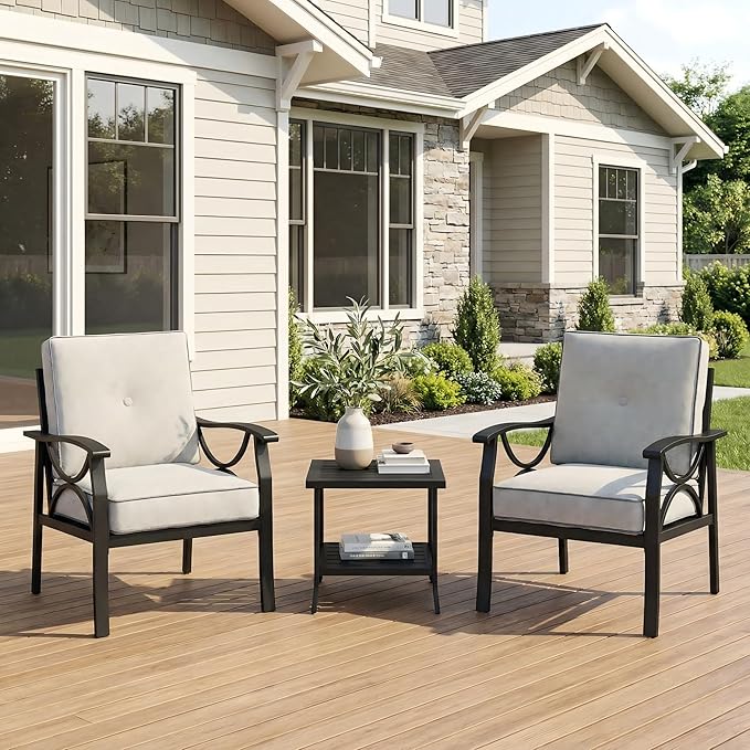 RoyalCraft Outdoor Patio Furniture Set, 3 Pieces Metal Patio Conversation Set with Side Table for Porch Garden Backyard, Black Bringyoubetterlife