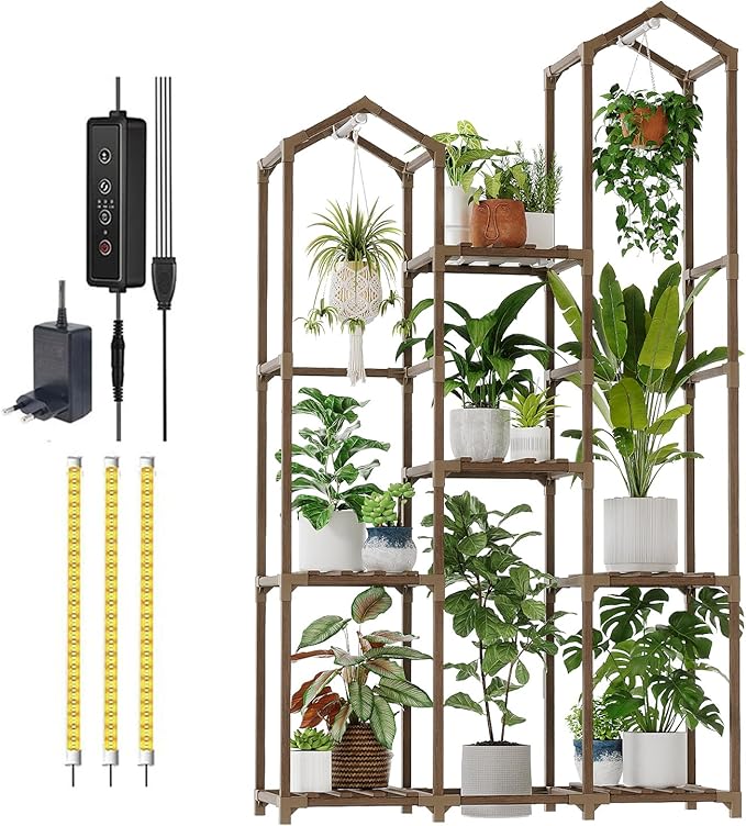 Bamworld Plant Stand with Grow Light Corner Plant Shelf Indoor with Lights Tall Plant Holder for Living Room Warm Light Plant Container Accessories for Mutiple Pots Patio Boho Home Decor for Gardening Bamworld