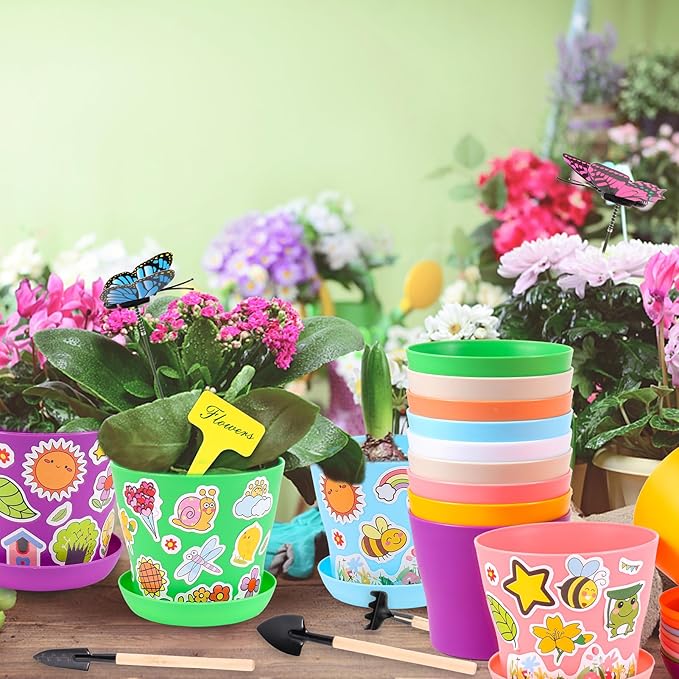 32 Set Garden Plastic Pot Craft Kit DIY Flower Plant Crafts Nursery Pots with Stickers Flower Planting Growing Kit for Spring Summer Home Classroom School Creative DIY Art Project Activities Aweyka