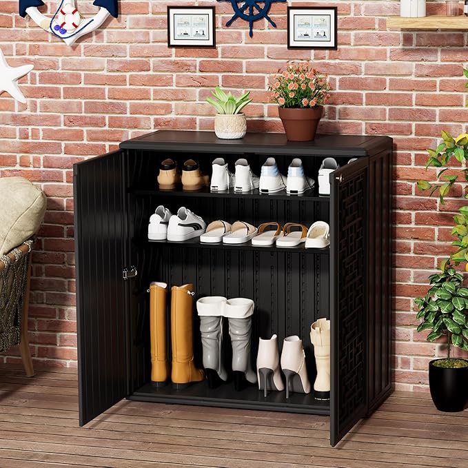 Outdoor Storage Cabinet Waterproof with Shelf,Resin Storage Sheds Outdoor Cabinets for tub Towels/Chemicals/Grill Items/Patio/Garden/Backyard, Size 34.3''L*15''W*36.2''H(Black) Mrosaa