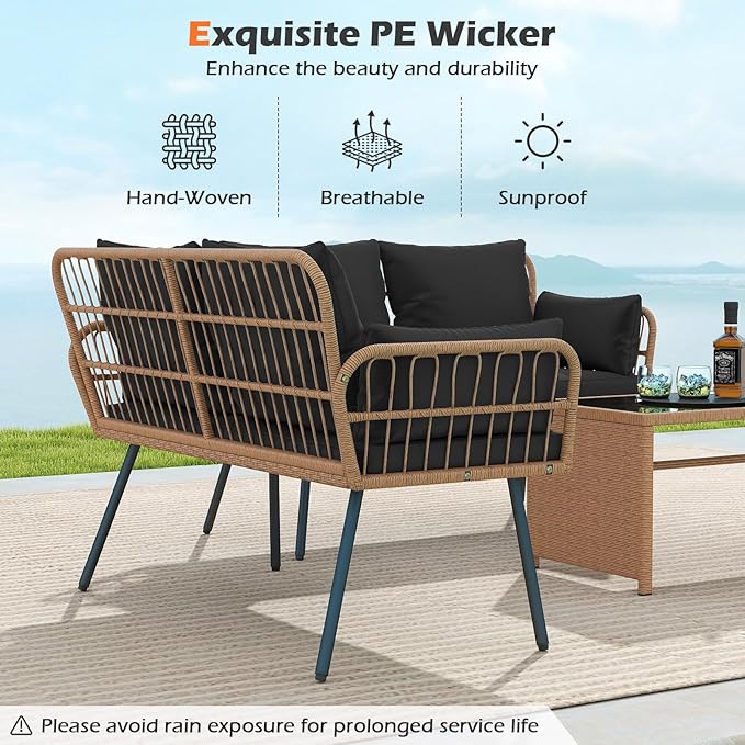 Tangkula Patio Wicker Loveseat, Outdoor Rattan 2-Seat Cushioned Sofa with Heavy Duty Metal Frame, for Backyard,Porch,Poolside (Black) TANGKULA
